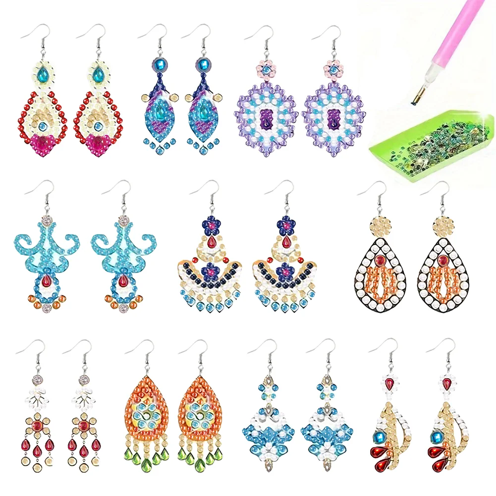 10Pairs DIY Double Sided Retro Pattern Holiday Diamond Art Earrings for Women Girls