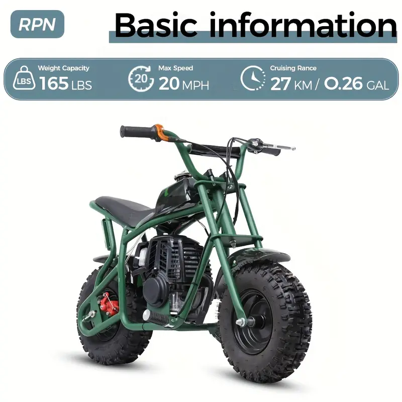 RPN DB003, 50CC 2-       , Motocicleta todoterreno a  ,   20 MPH,     de  , asiento acolchado  ,    s y aprobación de la EPA, Soporta   165  . detalles 6
