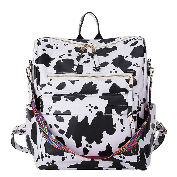 Retro Animal Print Backpack Handheld Large Shoulder Travel Bagpack (Cow)