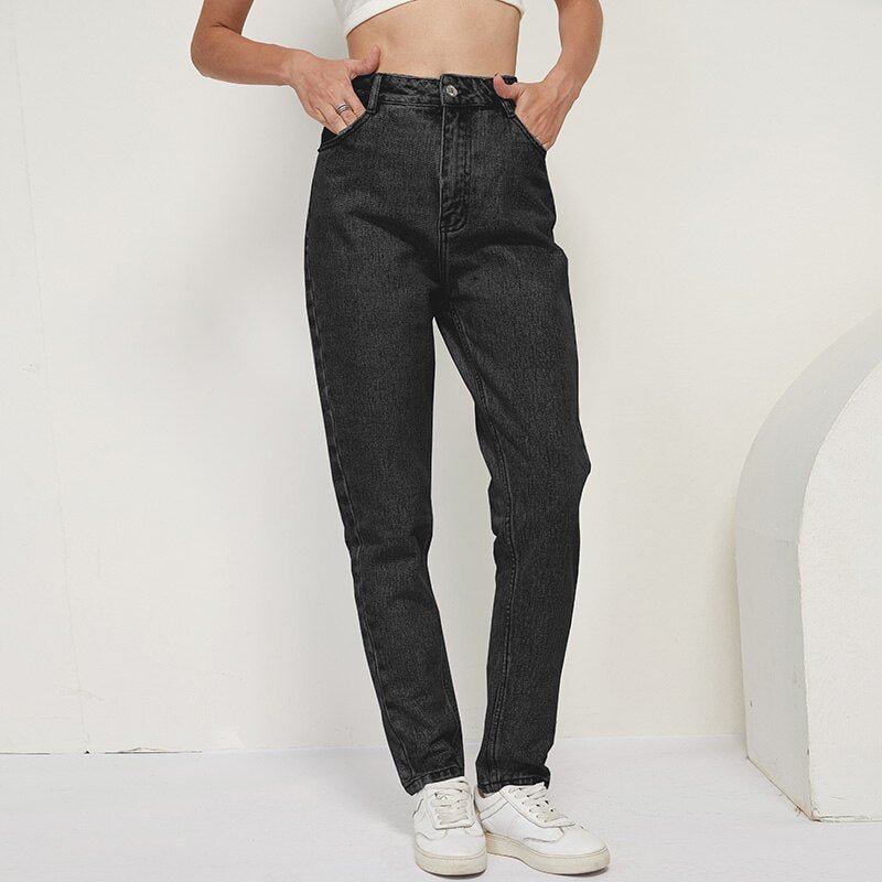 Aachoae 2021 Fashion 100% Cotton Mom Jeans Women High Waist Solid Pockets Cowboy Pants Zipper Fly Long Denim Pencil Trousers