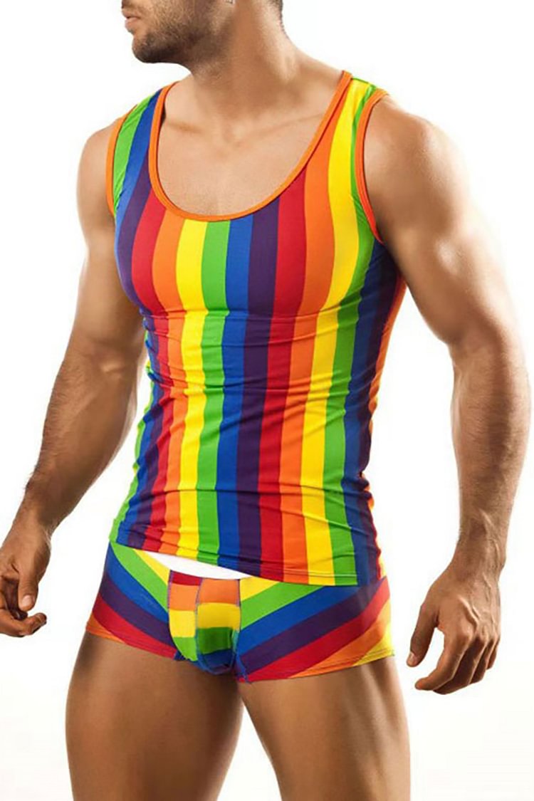 Men's Rainbow Striped Print Vest Trunks Two Piece Sets