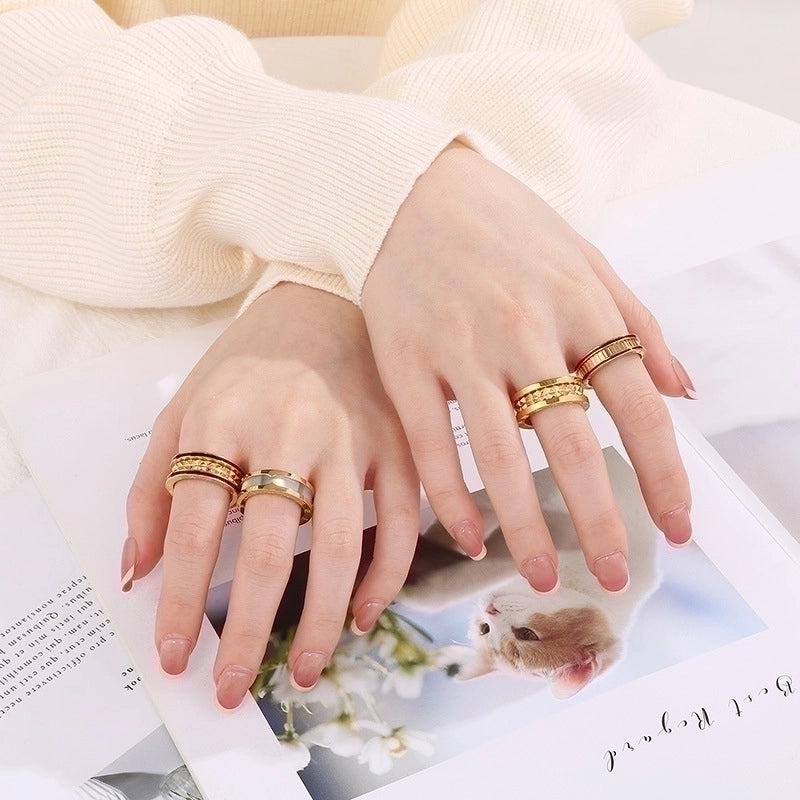 Streetwear Roman Numeral Titanium Steel 18K Gold Plated Enamel Rings