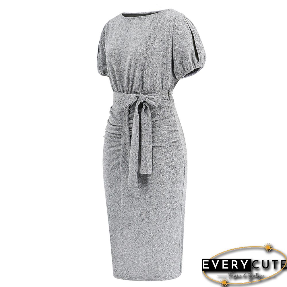 Silver Pleat Short Sleeve Slit Bodycon Dress With Belt
