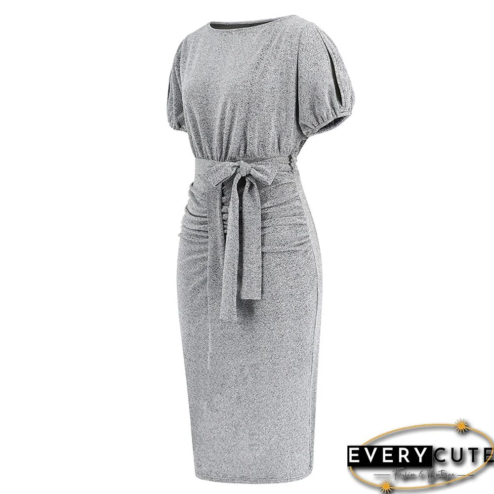 Silver Pleat Short Sleeve Slit Bodycon Dress With Belt