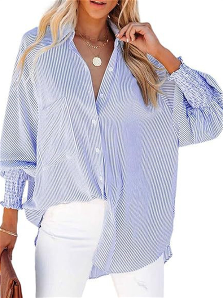 Women's Striped Long-sleeved Loose Shirt Casual New Pocket Shirt Tops