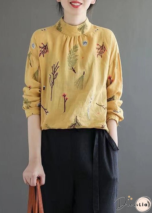 Women Yellow Wrinkled Embroideried Patchwork Linen Shirt Tops Spring