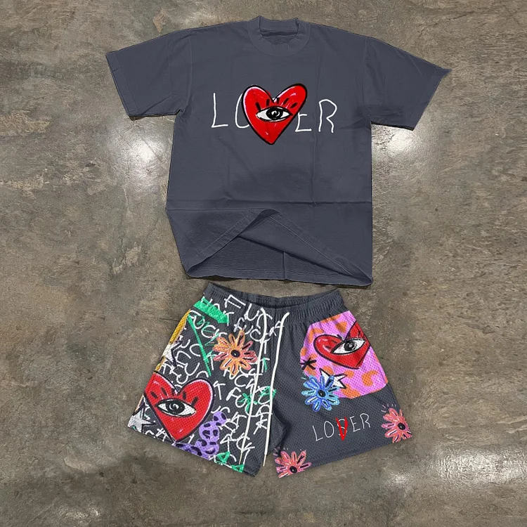 Casual Vintage Heart Print T-Shirt And Shorts Co-Ord