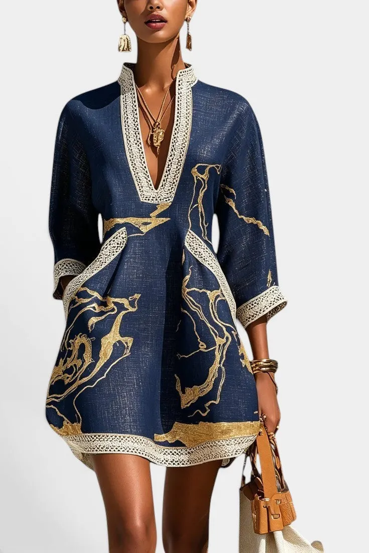 V-Neck Tunic Dress with Metallic & Lace Trim