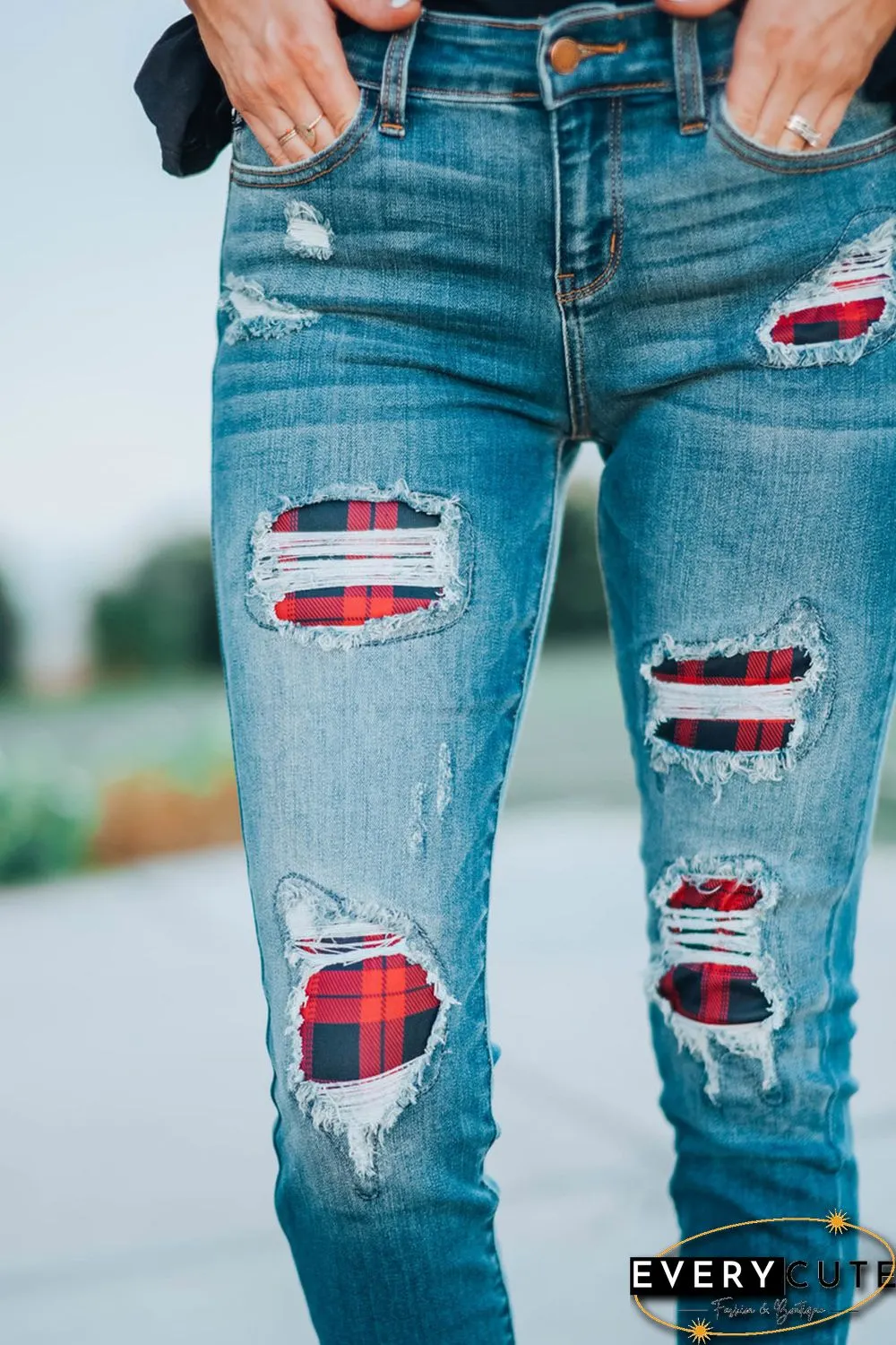 Red Plaid Patch Destroyed Skinny Jeans