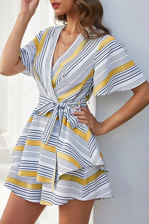 Womens Striped Contrasting Backless Romper(With Belt)-Allyzone-Allyzone