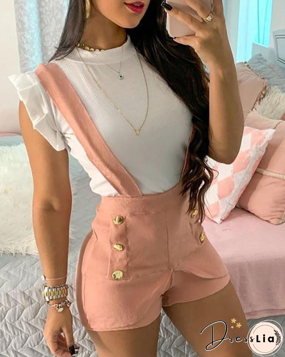 Summer Womens Fashion Slim Fit Button Casual Suspender Romper Jumpsuits Short Pants Daily