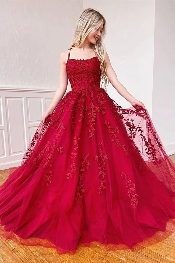 Ovlias Dazzling Red Spaghetti Strap Applique Tulle Couture Prom Dress LY0539