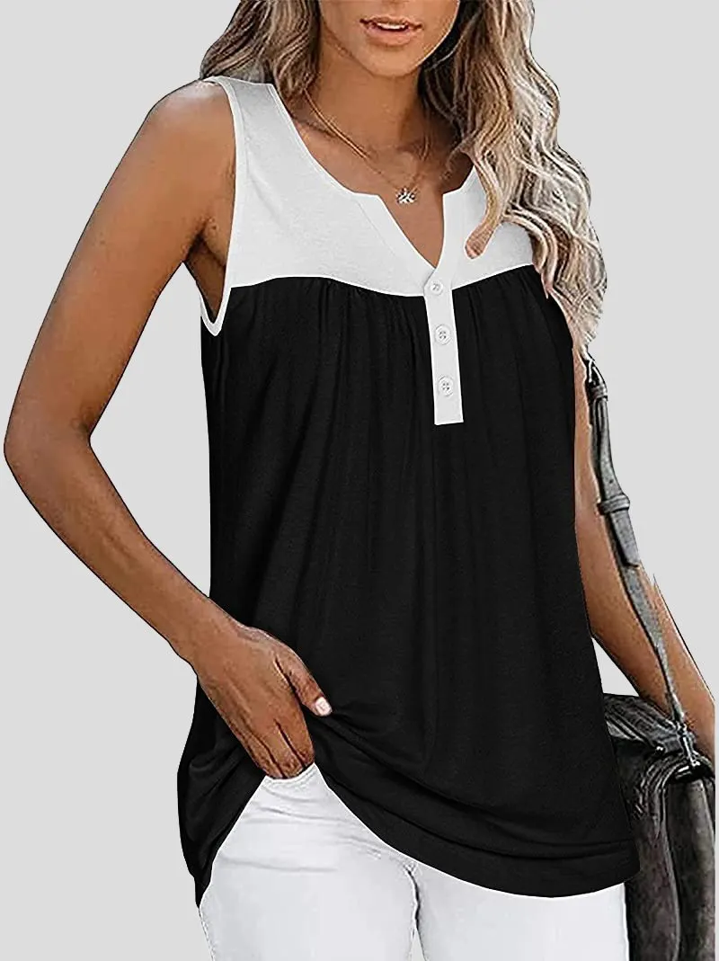Sleeveless V-Neck Button Paneling Tank Tops