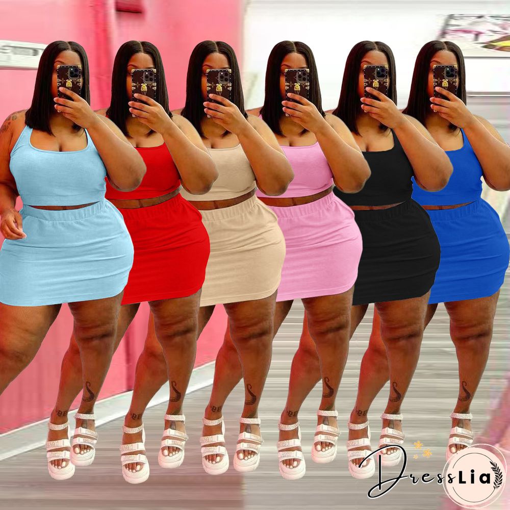 Plus Size Summer Solid Women Square Neck Sleeveless Crop Top+Elastic Waist Mini Skirt 2 Piece Set