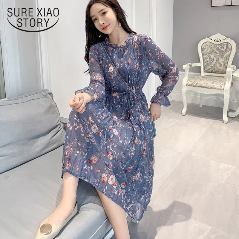 Spring 2022 O-neck Floral Chiffon Women Dress Flare Sleeve A-line Dress Femme Floral Printed Female Mid-length Vestidos 8211 50