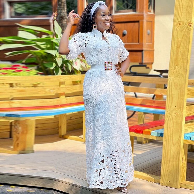 African Americans fashion QFY White Guipure Lace Dress Women Kaftan Abaya Dashiki Ankara Elegant Dresses Vetement Femme 2021 Wedding Party Fashion Outfits Ankara Style QueenFunky