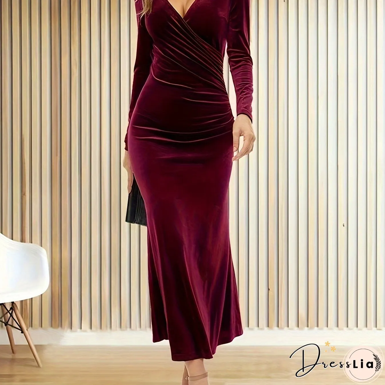Solid Bodycon Midi Dress, Elegant V Neck Long Sleeve Dress, Women's Clothing