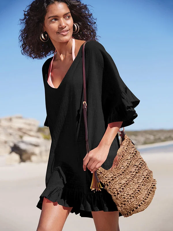 Falbala Solid Color Short Sleeves Cover-Ups Swimwear