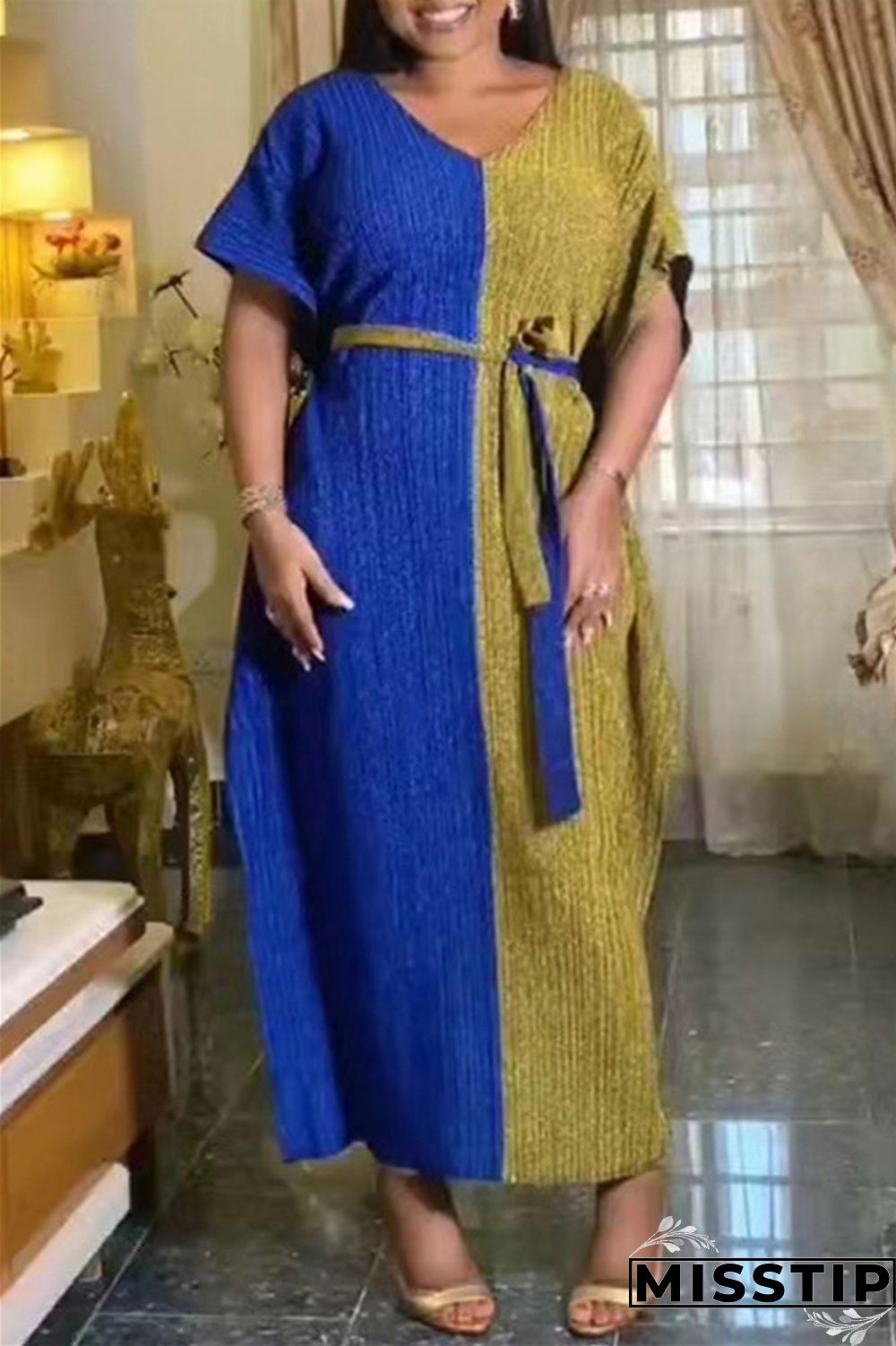 Green Casual Solid Patchwork V Neck Long Dress Dresses