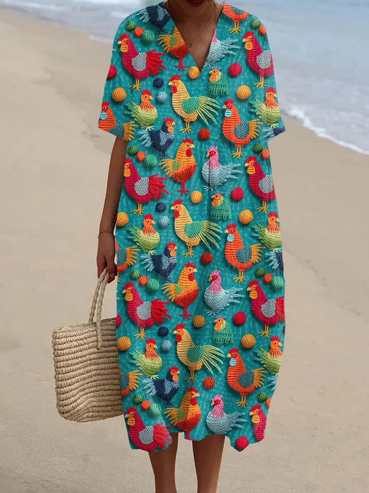 Farm Chicken Embroidery V-Neck Midi Dress