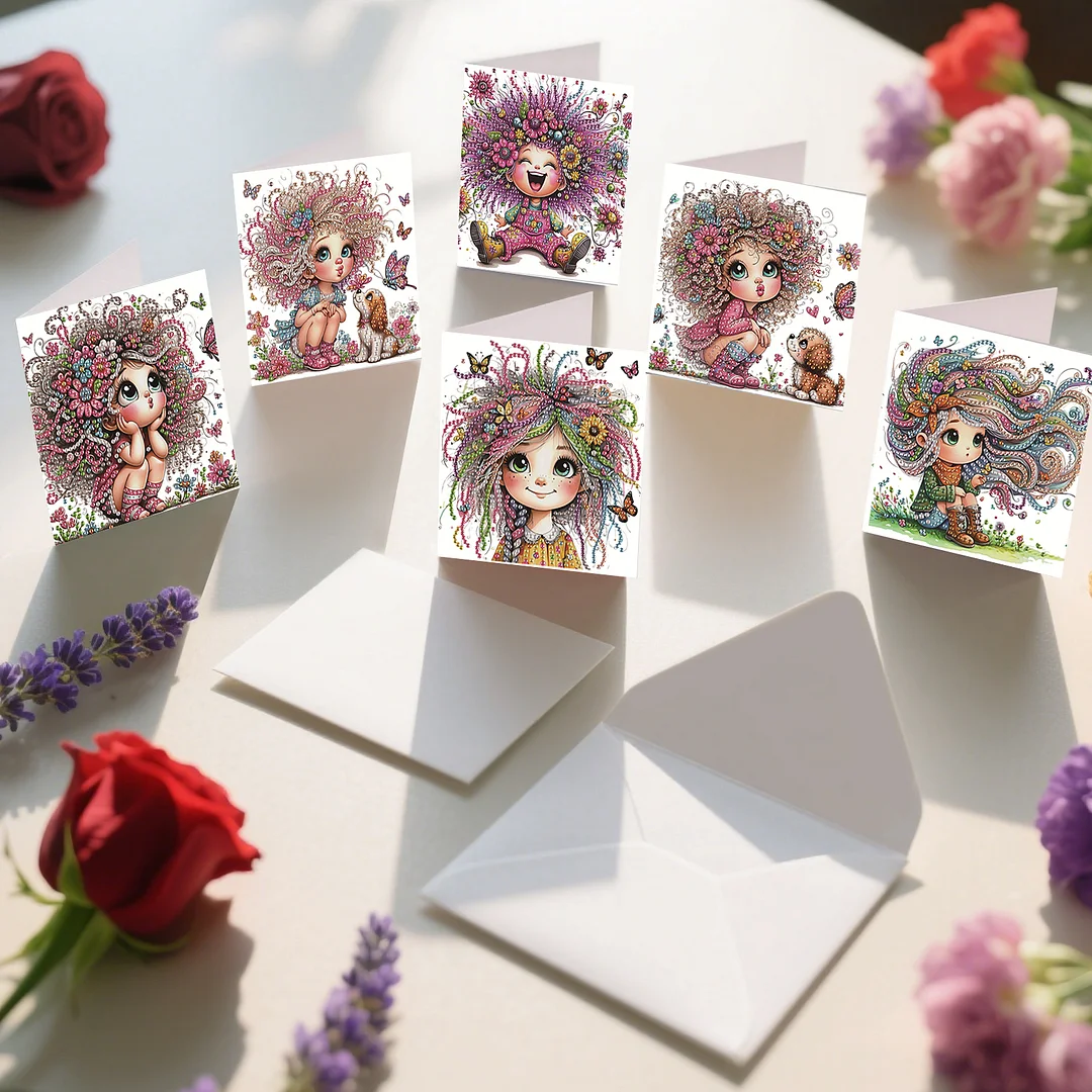 6pcs Girl DIY Diamond Art Greeting Cards Thank You Cards and Holiday Blessings(Blank Inside)