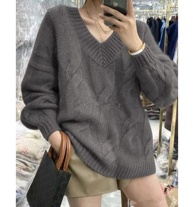 Winter Basic Oversize Cotton Thick Sweater Autumn Loose Cashmere Sweater Elegant Long Sleeve V-neck Warm Pullovers Female 17718