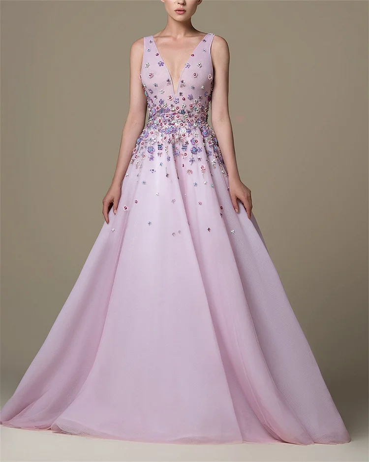 Women's V-Neck Sleeveless Purple Embroidery Dress