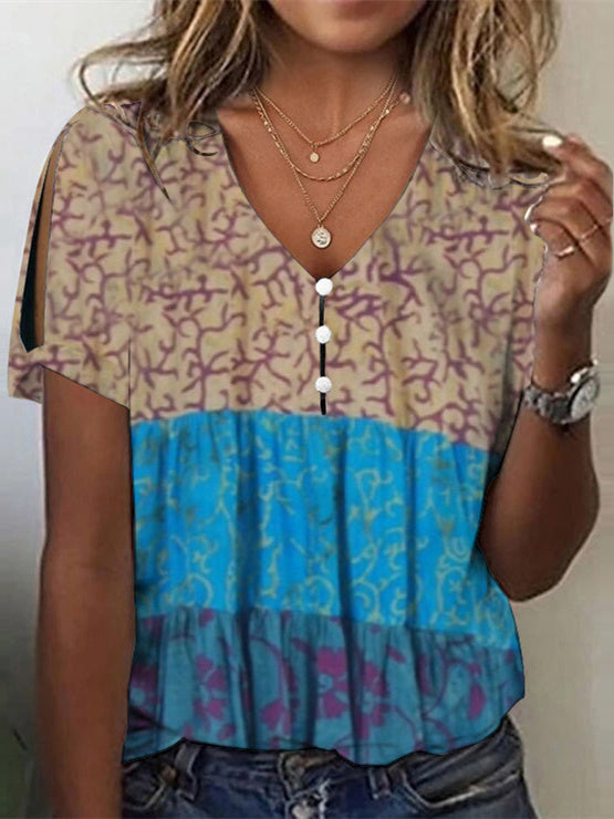 Women Long Sleeve V-neck Graphic Floral Printed Top