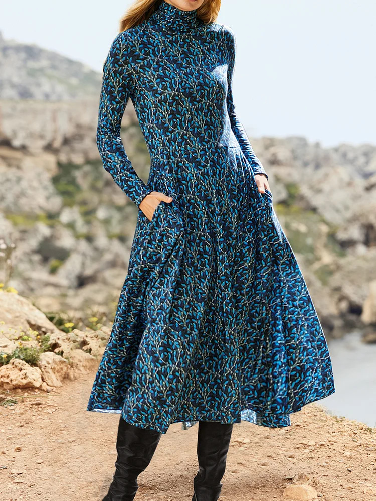 Daily Turtleneck Long Sleeve Floral Pattern Cinch Waist Midi Dress