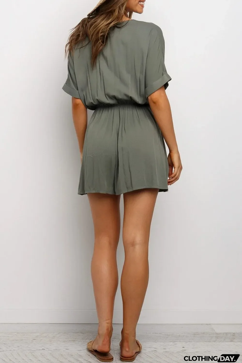 Drawstring Waist V-Neck Knotted Romper