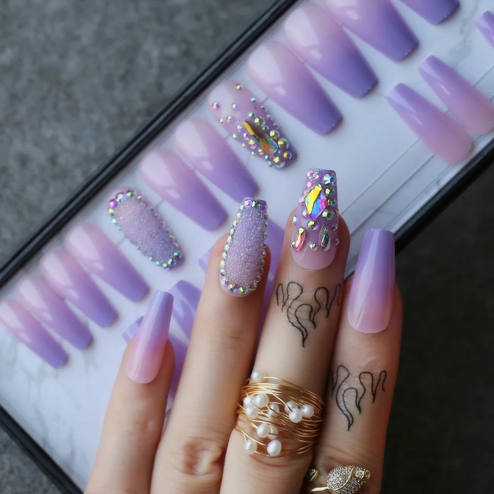 Box gift ombre Purple Lavender coffin false nails Crystal design design caviar Shaped drill Trapezoid fake nails Custom logo-Nail Inspo