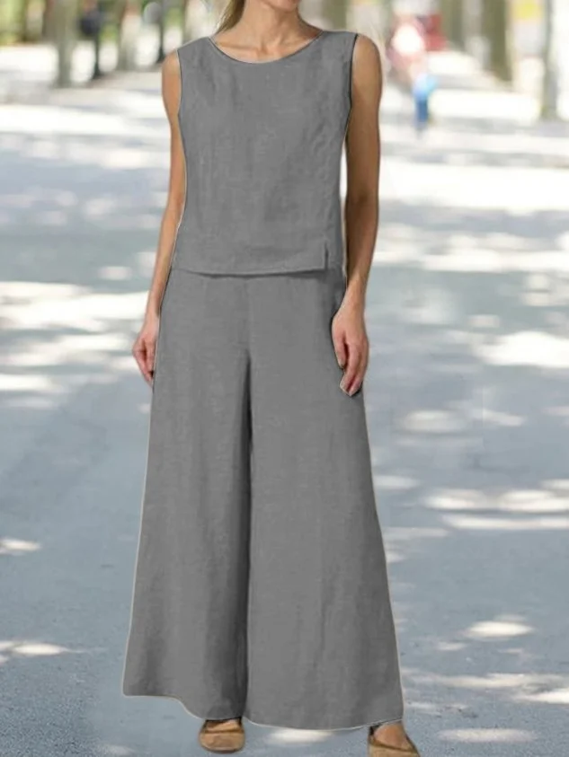 Summer Outfits Casual Plain Cotton and Linen Suits Sleeveless Tank Top and Pants Two-Piece Sets socialshop