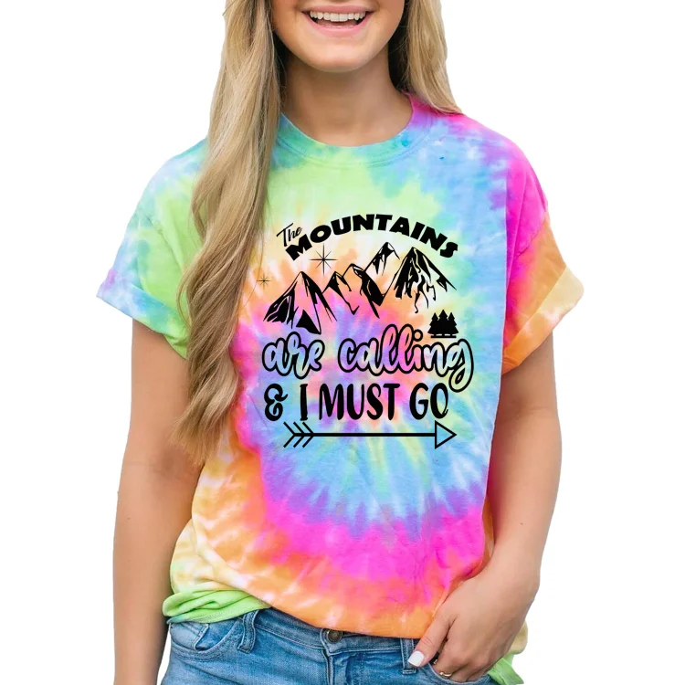 Women Funny Tie Dye the mountains are calling i must go Mens Short Sleeve Casual T-Shirt - Heather Prints Shirts