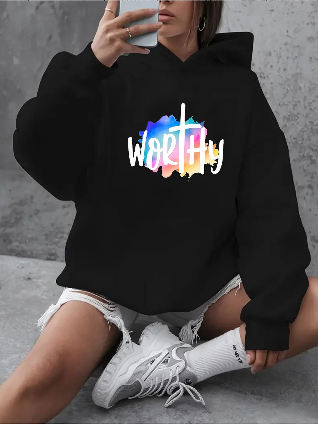 Women's Pastel Pink Hooded Sweatshirt With Colorful "Worthingly" Letter Print, Front Pockets & Relaxed Fit - Cozy Casual Pullover For All Seasons, Classic Sweater For Ladie | IFYHOME