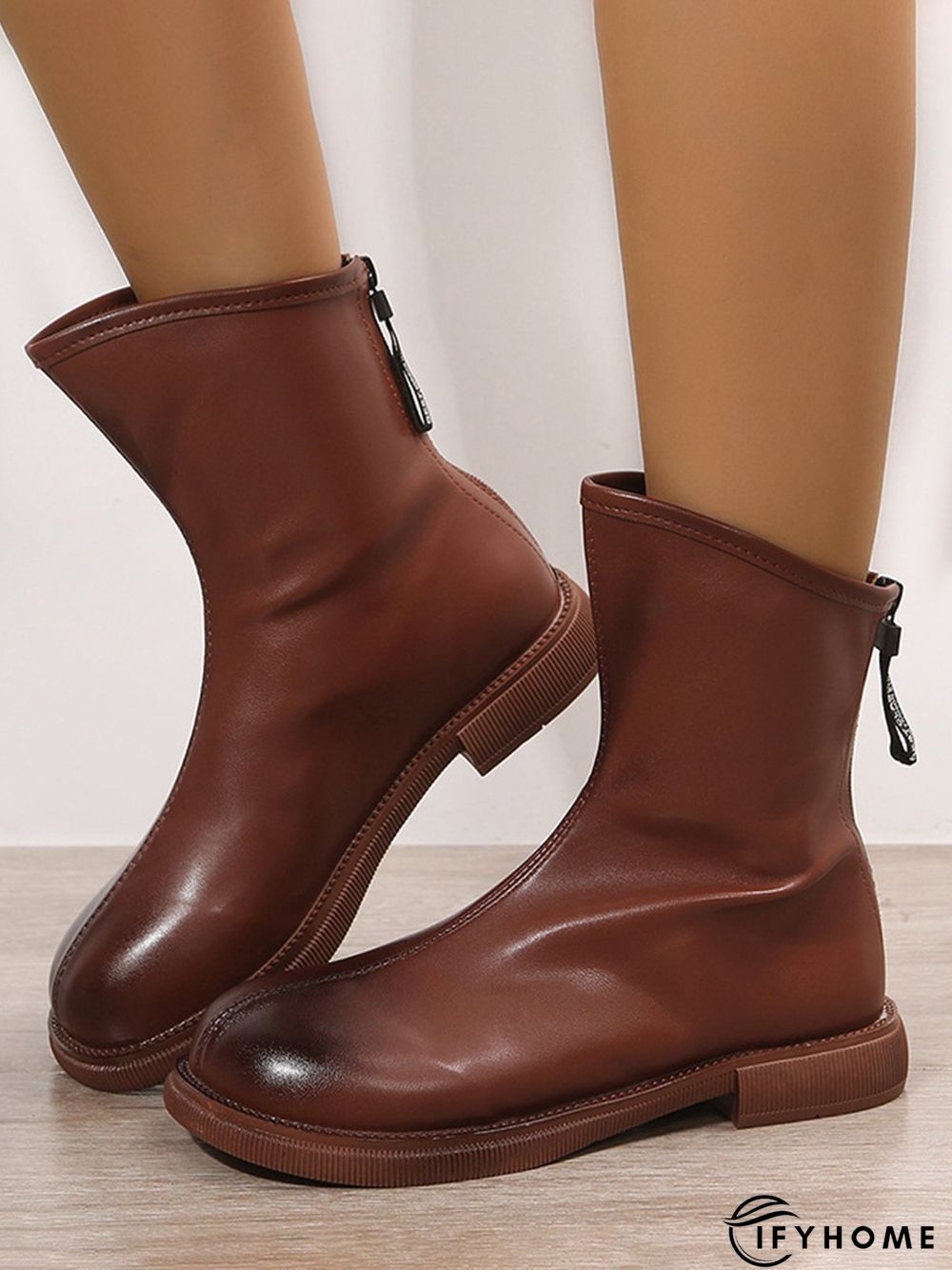 Antique Polished Short Back Zip Block Heel Boots | IFYHOME