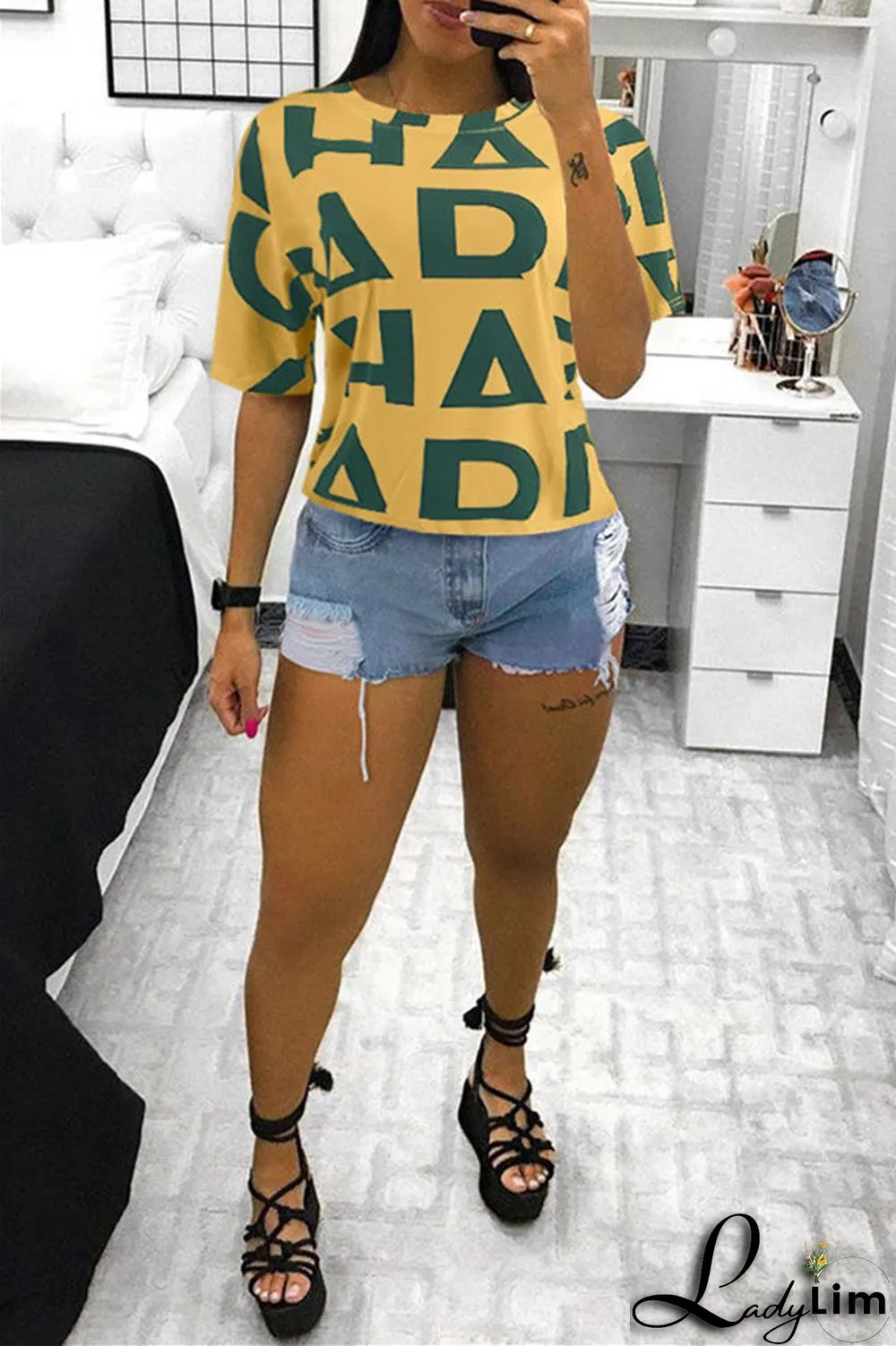 Yellow Fashion Casual Print Basic O Neck T-Shirts