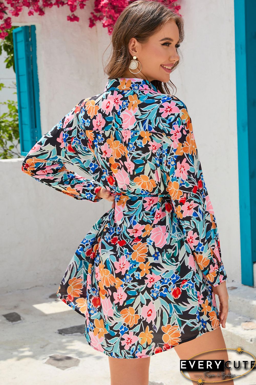 Multicolor Floral Buttoned Collared Long Sleeve Mini Dress