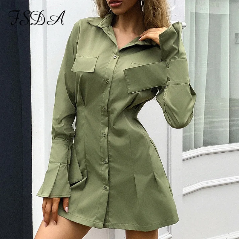 FSDA V Neck Long Sleeve Shirt Dress Bandage 2020 White Women Sexy Mini A Line Office Autumn Casual Tunic Dresses Fashion