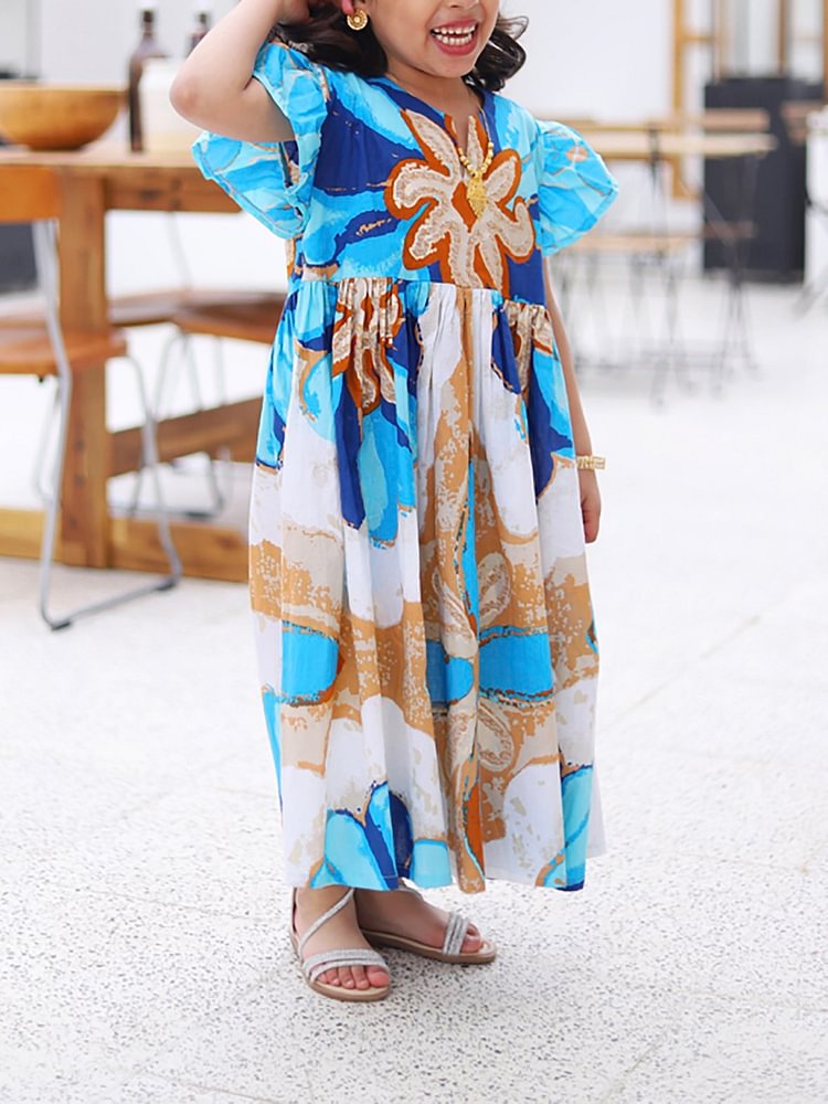 Floral Print Round Neck Children's Dresses