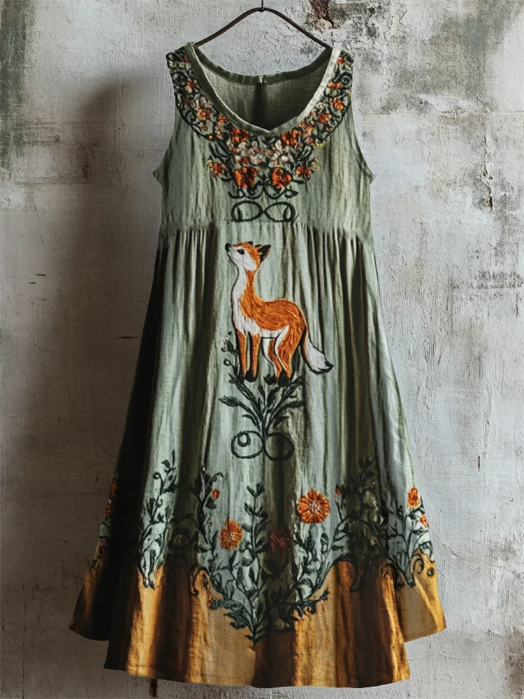 VChics Vintage Fox Floral Embroidered Contrast Linen Dress