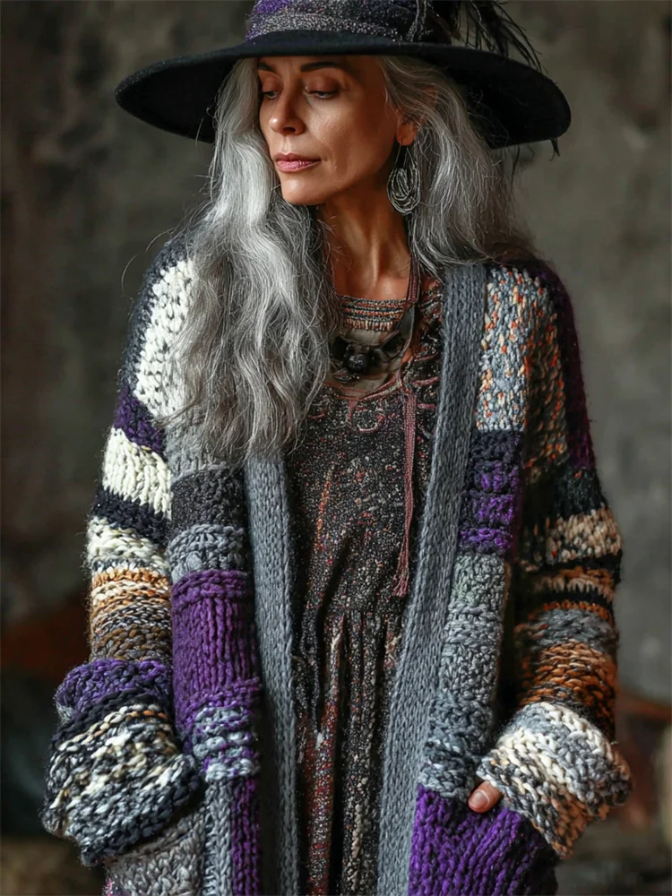 Halloween Witch Inspired Geometric Colorblock Cozy Chunky Cardigan