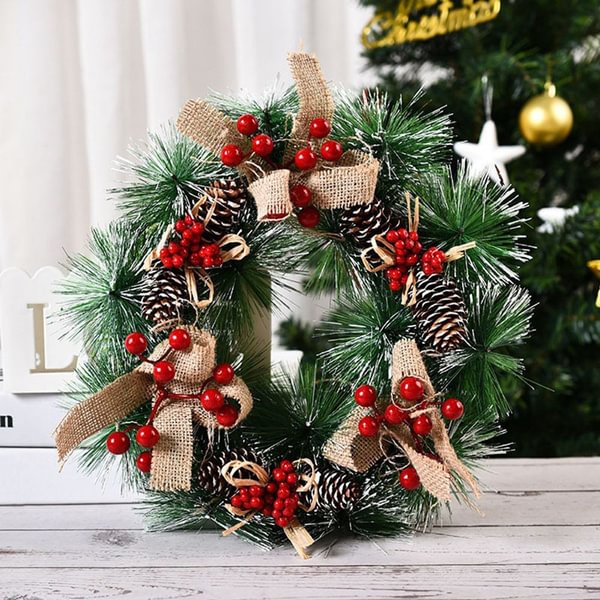 Merry Christmas Wreath Artificial Pinecone Red Berries Garland Hanging Front Door Wall Decoration - Shop Trendy Women's Fashion | TeeYours