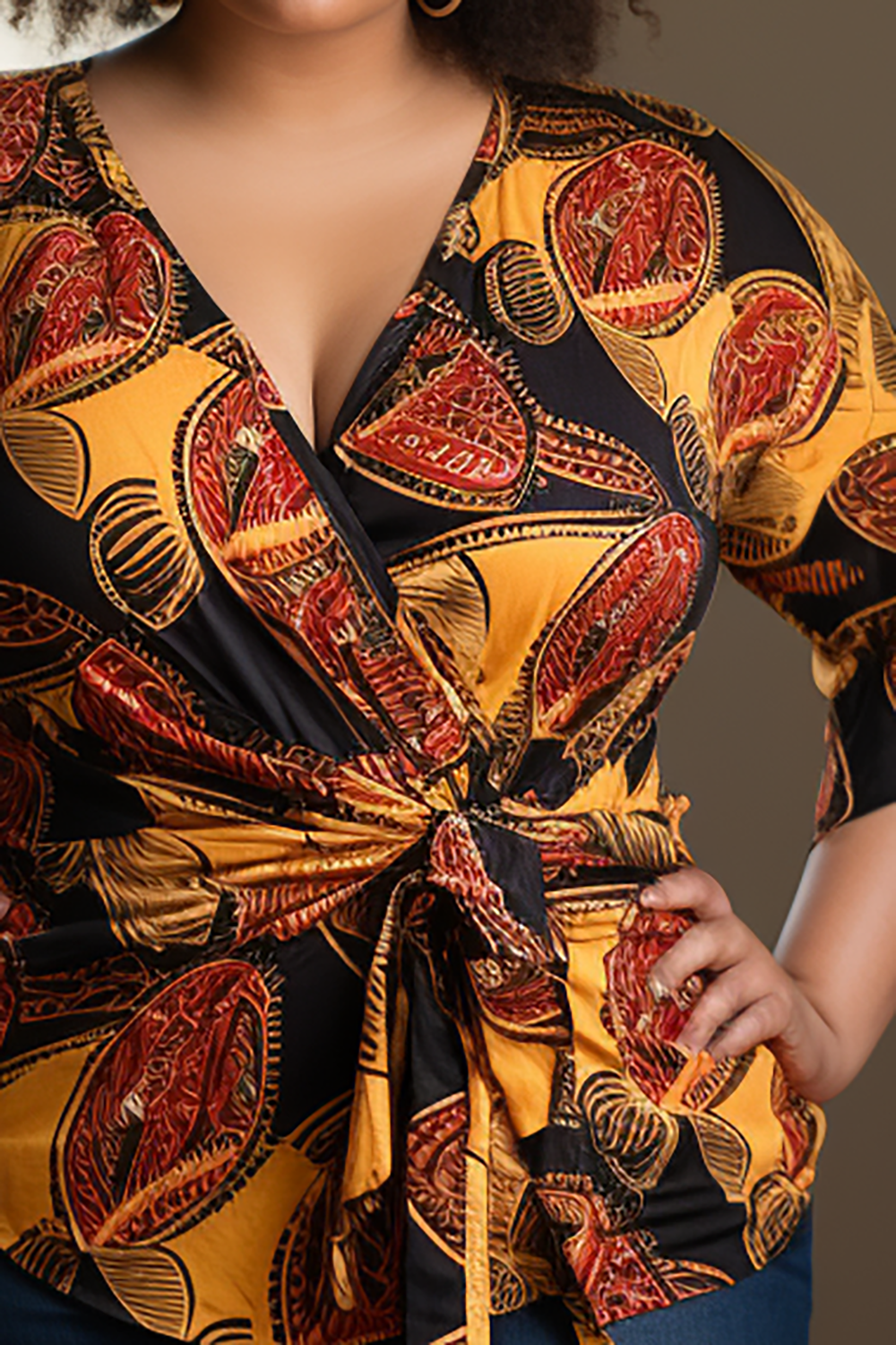 Design Plus Size Daily Brown Ankara Wrap Neck 3/4 Sleeve Knitted Tops [Pre-Order]