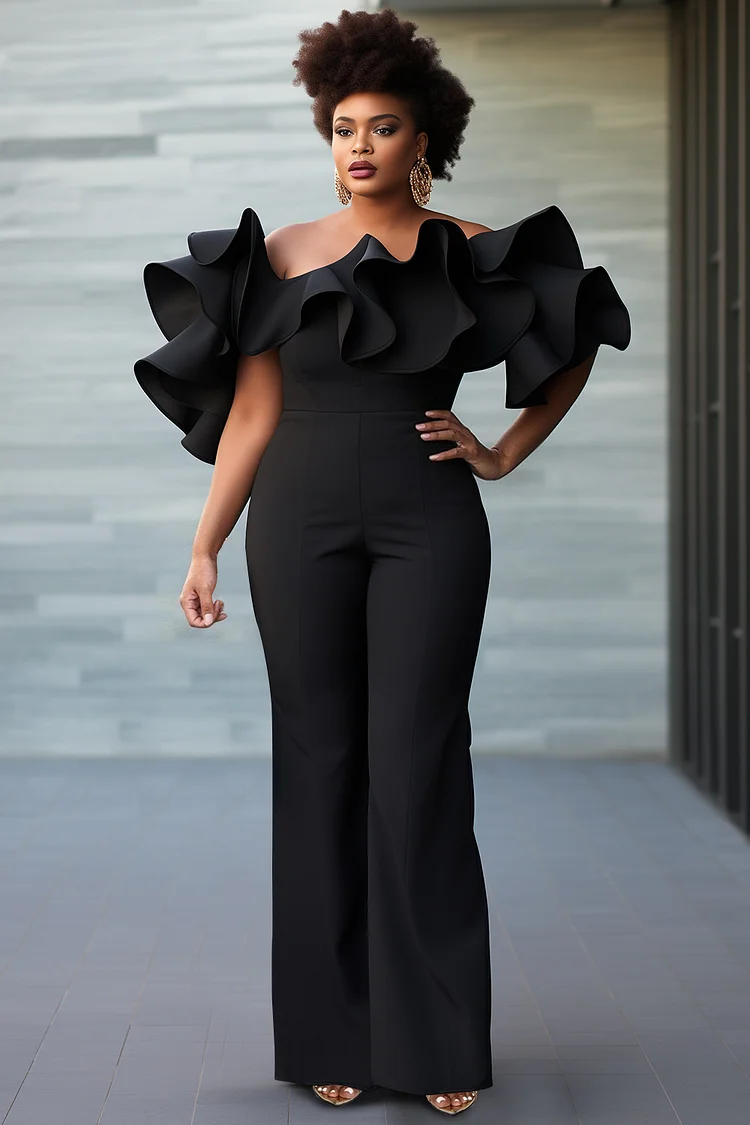 Xpluswear Design Plus Size Cocktail Party Black Off The Shoulder Ruffle Elegant 3D Jumpsuits [Pre-Order]