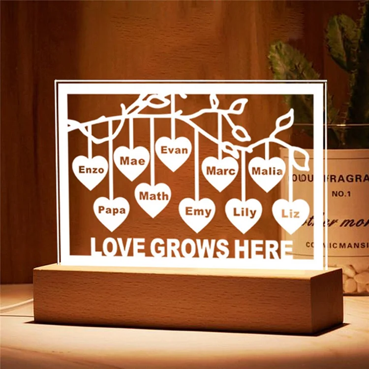 10 Names-Personalized Family Tree Night Light LED Sign Engraved 10 Names Plaque USB Power Lamp