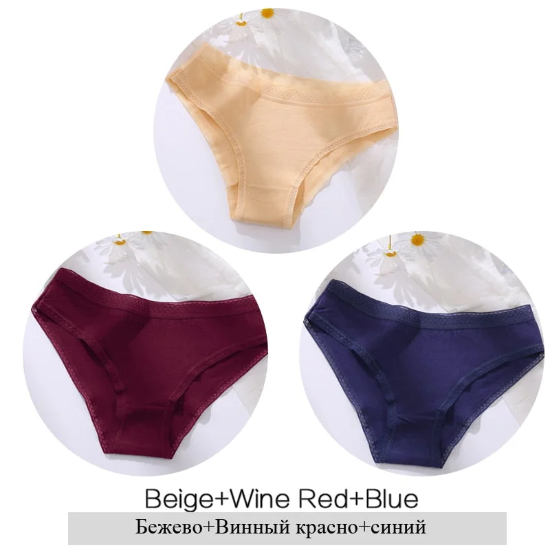 FINETOO Women Cotton Panties Sexy Lace Briefs 3Pcs/set Ladies Low Waist Underpants Comfortable Girls Underwear M-2XL Lingerie