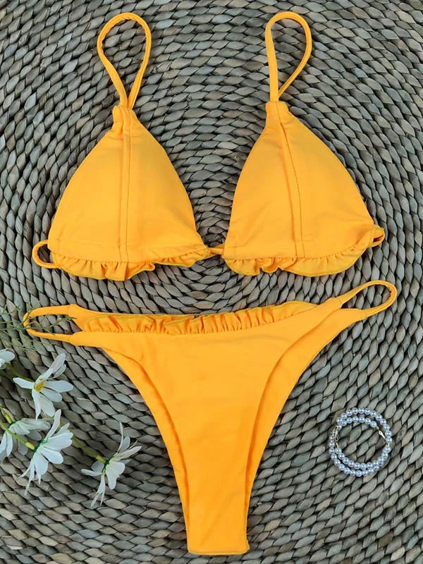 Triangle Ruffled Solid Bikinis Swimsuit 