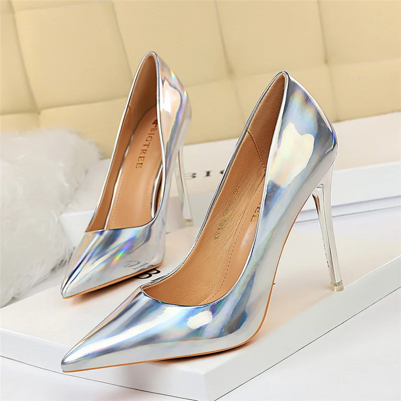 2025 Women 10.5cm High Heels Blue Green Valentine Pumps Luxury Glossy Stripper Stiletto Wedding Bridal Fetish Shoes Plus Size 43