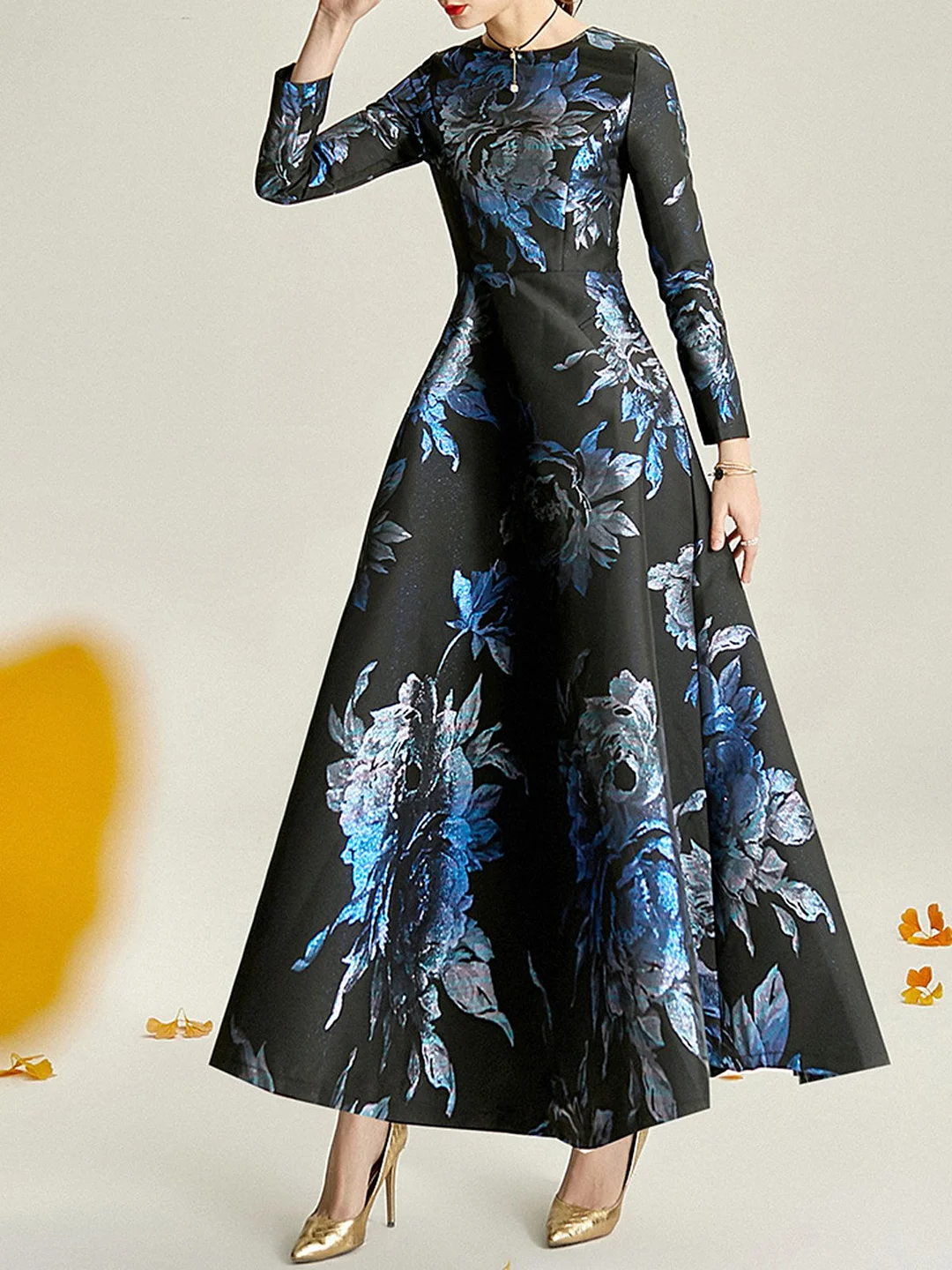 Black-Blue A-Line  Cocktail Party & Evening Floral Maxi Dresses