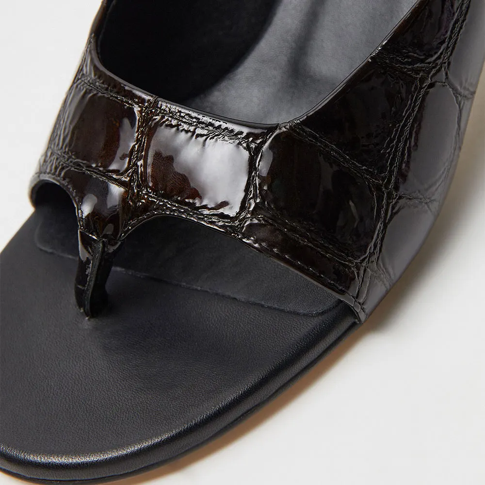 Brown Round Toe Flared Heel Croc Embossed Flip Flops Mules for Women